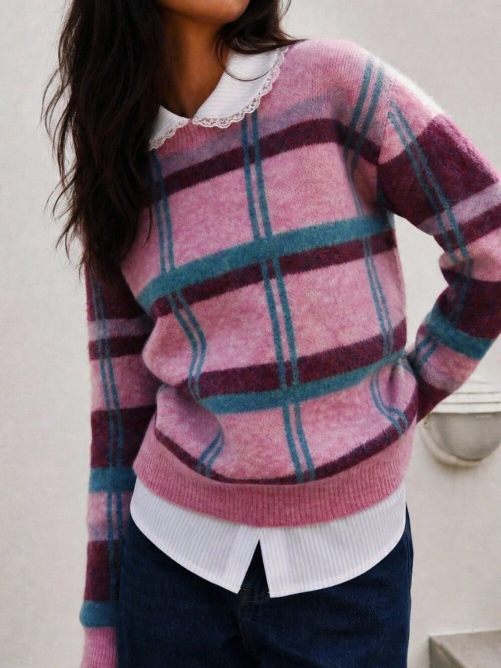 Pink Casual Women's Plaid Regular Pullovers